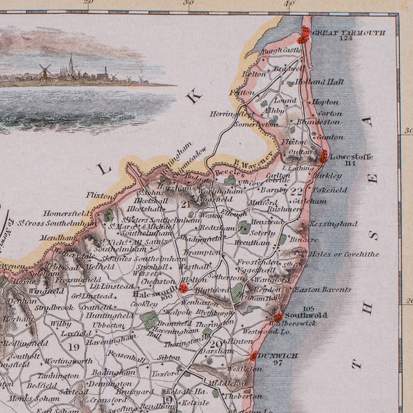 Antique County Map, Suffolk, Scottish, Framed Atlas Cartography, Victorian, 1840