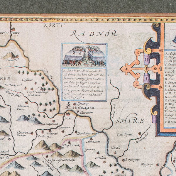 Vintage Map of Breconshire, Breknoke, English, Framed Reproduction, John Speed