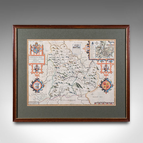 Vintage Map of Breconshire, Breknoke, English, Framed Reproduction, John Speed