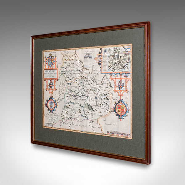 Vintage Map of Breconshire, Breknoke, English, Framed Reproduction, John Speed