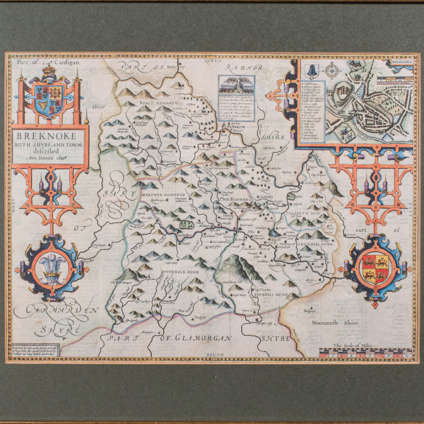 Vintage Map of Breconshire, Breknoke, English, Framed Reproduction, John Speed