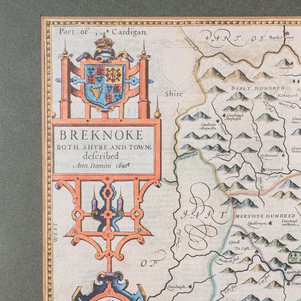 Vintage Map of Breconshire, Breknoke, English, Framed Reproduction, John Speed