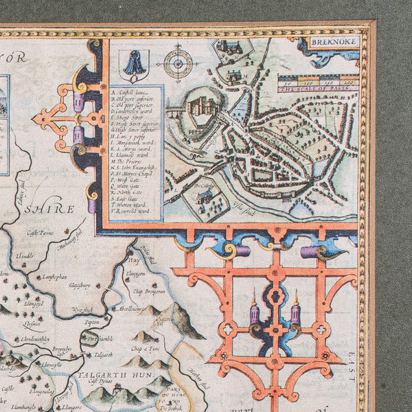 Vintage Map of Breconshire, Breknoke, English, Framed Reproduction, John Speed
