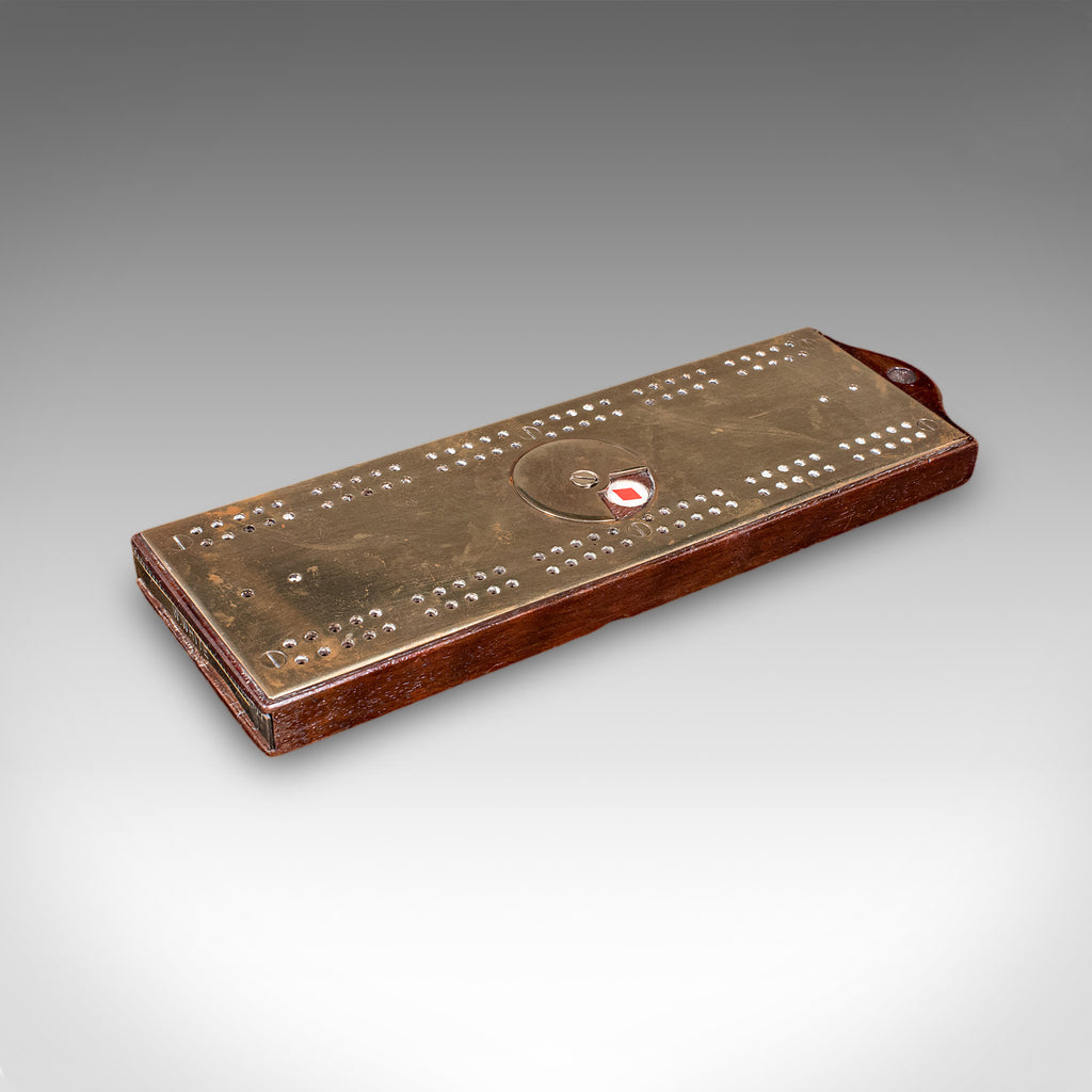 Antique Cribbage Score Board, English, Brass, Peg Storage, Suit Dial, Victorian