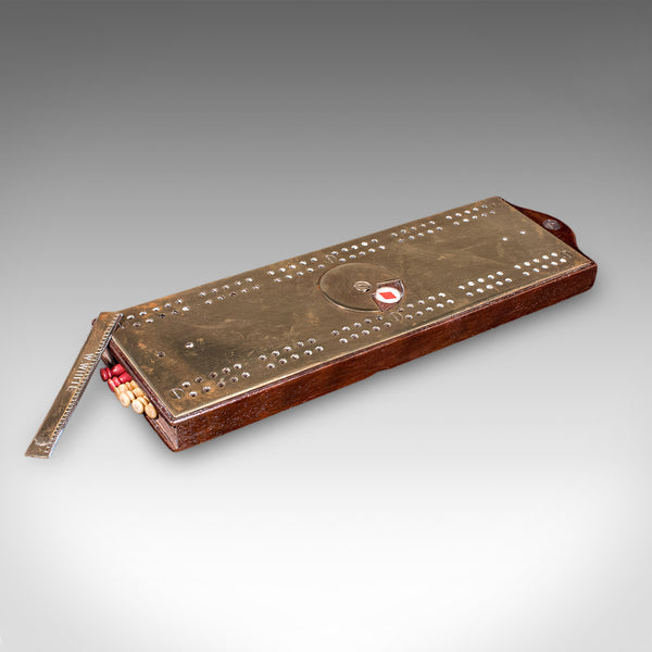 Antique Cribbage Score Board, English, Brass, Peg Storage, Suit Dial, Victorian