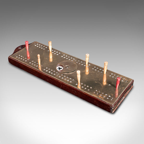 Antique Cribbage Score Board, English, Brass, Peg Storage, Suit Dial, Victorian
