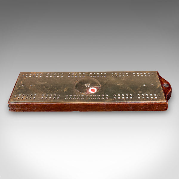 Antique Cribbage Score Board, English, Brass, Peg Storage, Suit Dial, Victorian