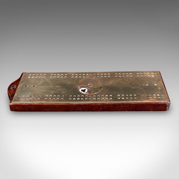 Antique Cribbage Score Board, English, Brass, Peg Storage, Suit Dial, Victorian