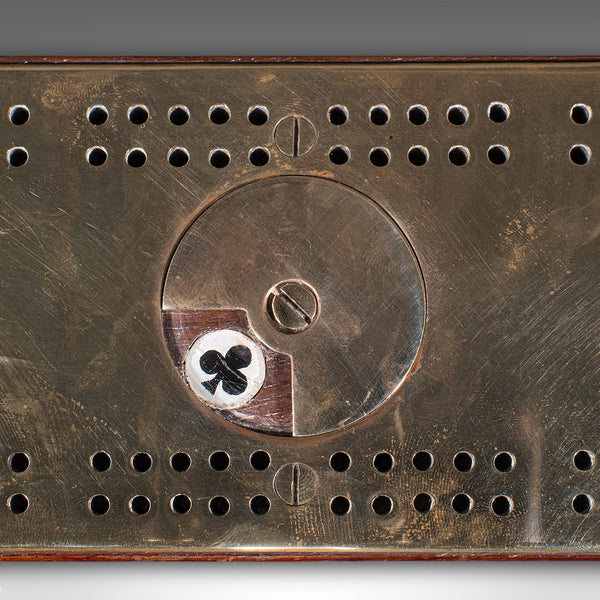 Antique Cribbage Score Board, English, Brass, Peg Storage, Suit Dial, Victorian