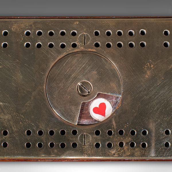 Antique Cribbage Score Board, English, Brass, Peg Storage, Suit Dial, Victorian