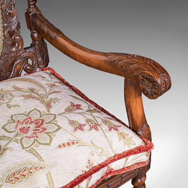 Pair of Antique Charles II Revival Arm Chairs, English, Elbow Seat, Edwardian