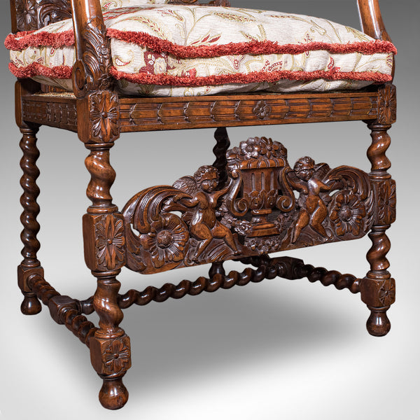 Pair of Antique Charles II Revival Arm Chairs, English, Elbow Seat, Edwardian
