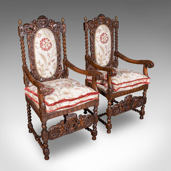 Pair of Antique Charles II Revival Arm Chairs, English, Elbow Seat, Edwardian