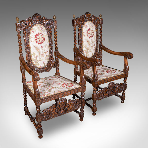 Pair of Antique Charles II Revival Arm Chairs, English, Elbow Seat, Edwardian