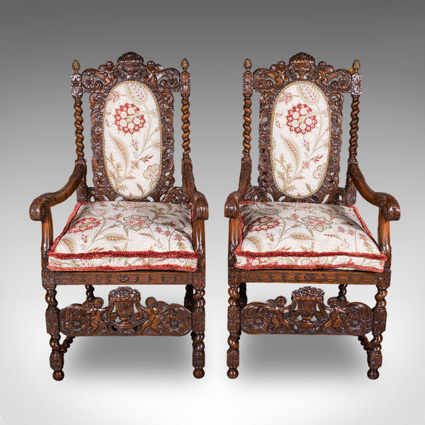 Pair of Antique Charles II Revival Arm Chairs, English, Elbow Seat, Edwardian