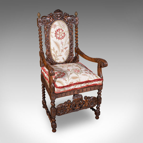 Pair of Antique Charles II Revival Arm Chairs, English, Elbow Seat, Edwardian