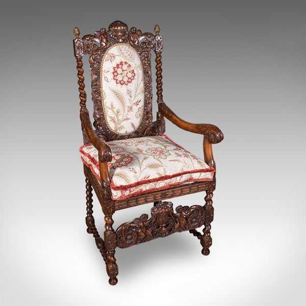 Pair of Antique Charles II Revival Arm Chairs, English, Elbow Seat, Edwardian