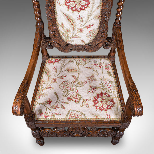 Pair of Antique Charles II Revival Arm Chairs, English, Elbow Seat, Edwardian