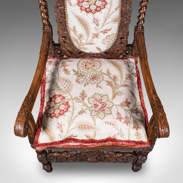 Pair of Antique Charles II Revival Arm Chairs, English, Elbow Seat, Edwardian