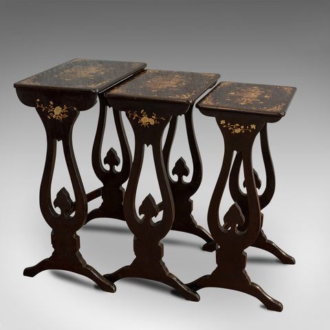 Antique Nest Of Occasional Tables, Oriental, Trio, Japanned, Victorian, C.1880