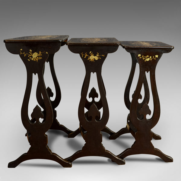 Antique Nest Of Occasional Tables, Oriental, Trio, Japanned, Victorian, C.1880