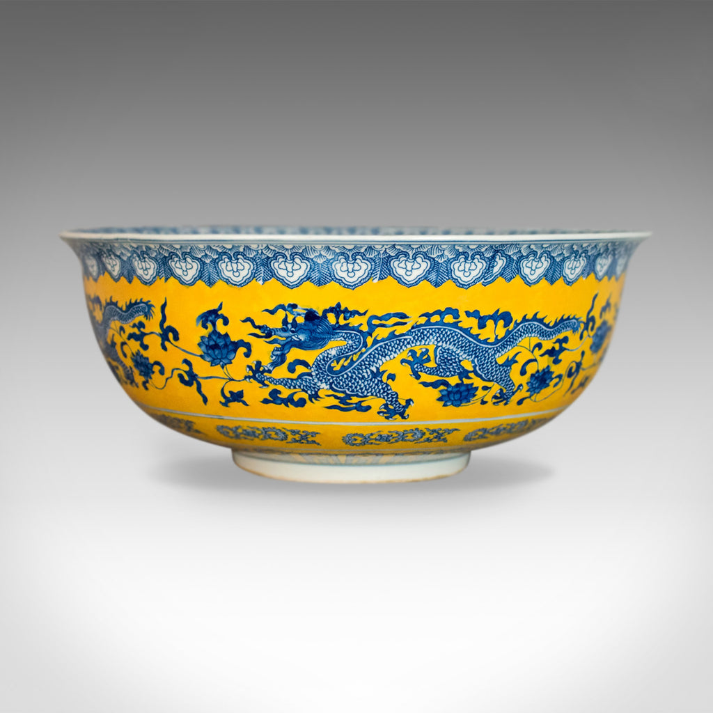 Chinese Porcelain Bowl, Dragons, Blue, White and Yellow, Late 20th Century - London Fine Antiques