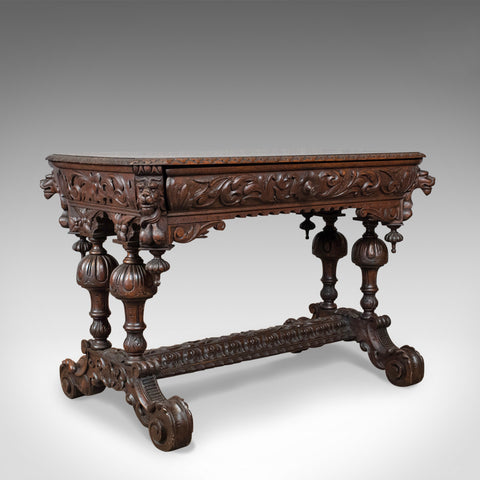 Antique Library Table, Victorian, Gothic Revival, Scottish Oak Carved Side c1880 - London Fine Antiques