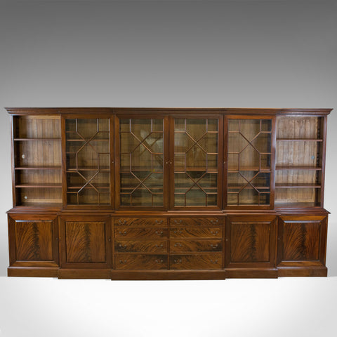 Large Breakfront Bookcase Cabinet, Mahogany, Glazed, Georgian Revival C20th - London Fine Antiques