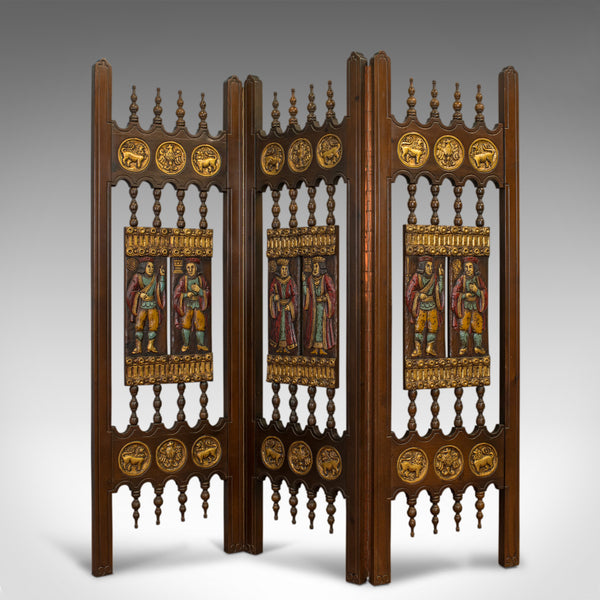 Vintage Three Fold Screen, Painted, French, Room Divider, Medieval Taste, C20th - London Fine Antiques