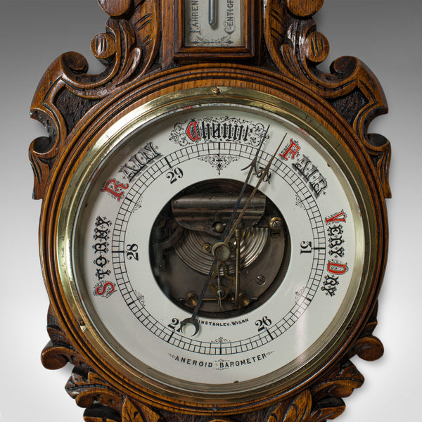 Antique Aneroid Barometer, English, Winstanley of Wigan, Oak, Banjo, Temperature - London Fine Antiques