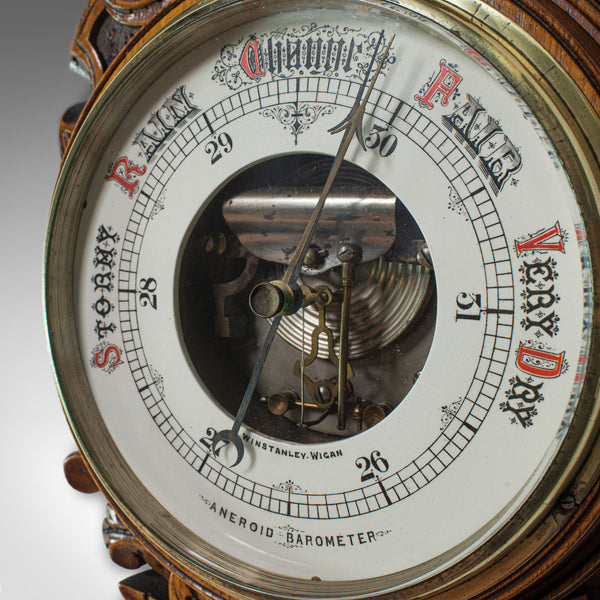 Antique Aneroid Barometer, English, Winstanley of Wigan, Oak, Banjo, Temperature - London Fine Antiques