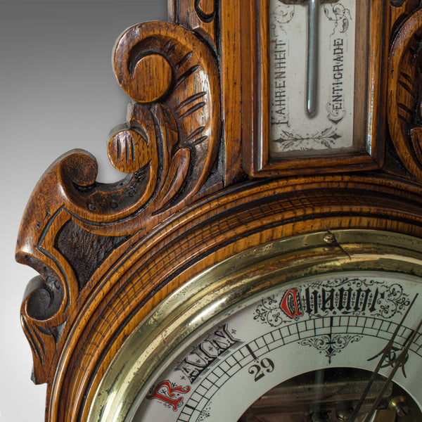Antique Aneroid Barometer, English, Winstanley of Wigan, Oak, Banjo, Temperature - London Fine Antiques