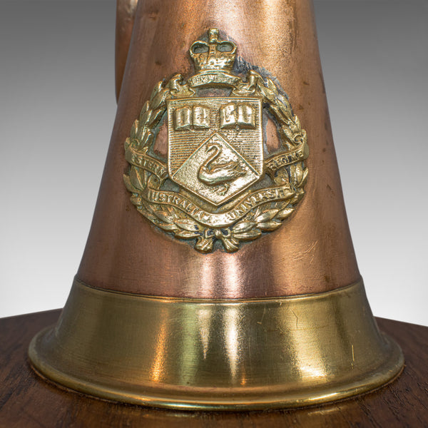 Vintage Bugle Lamp, English, Copper, Oak, Military, Bespoke, Table Light - London Fine Antiques