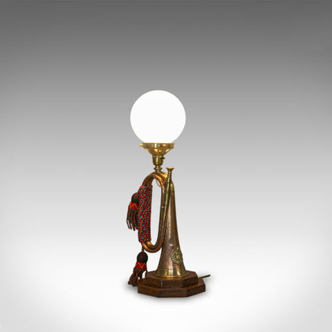 Vintage Bugle Lamp, English, Copper, Oak, Military, Bespoke, Table Light - London Fine Antiques