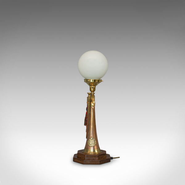 Vintage Bugle Lamp, English, Copper, Oak, Military, Bespoke, Table Light - London Fine Antiques