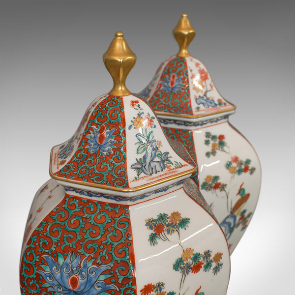 Pair of Vintage Hexagonal Spice Jars, Oriental, Ceramic, Baluster, Urn, Avian - London Fine Antiques