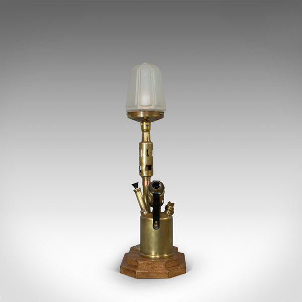 Vintage Decorative Lamp, English, Brass, Blow Torch, Light, Shade, Oak Base - London Fine Antiques