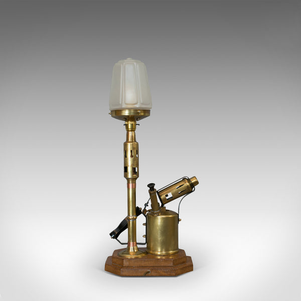 Vintage Decorative Lamp, English, Brass, Blow Torch, Light, Shade, Oak Base - London Fine Antiques