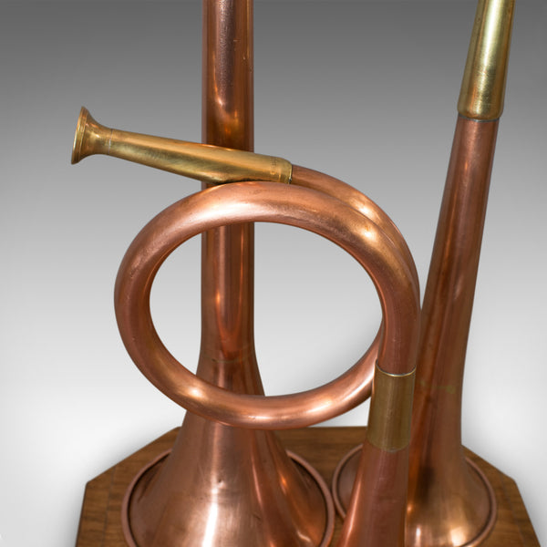 Vintage Hunting Horn Lamp, English, Brass, Oak, Decorative, Light, Shade - London Fine Antiques