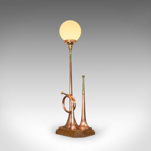 Vintage Hunting Horn Lamp, English, Brass, Oak, Decorative, Light, Shade - London Fine Antiques