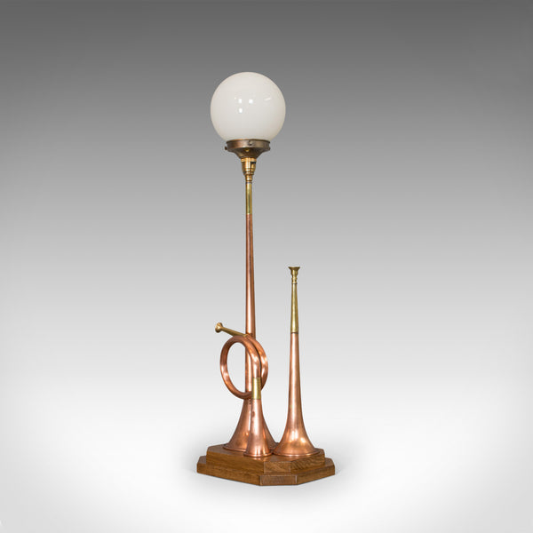 Vintage Hunting Horn Lamp, English, Brass, Oak, Decorative, Light, Shade - London Fine Antiques