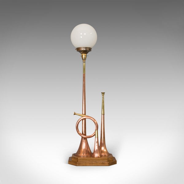 Vintage Hunting Horn Lamp, English, Brass, Oak, Decorative, Light, Shade - London Fine Antiques