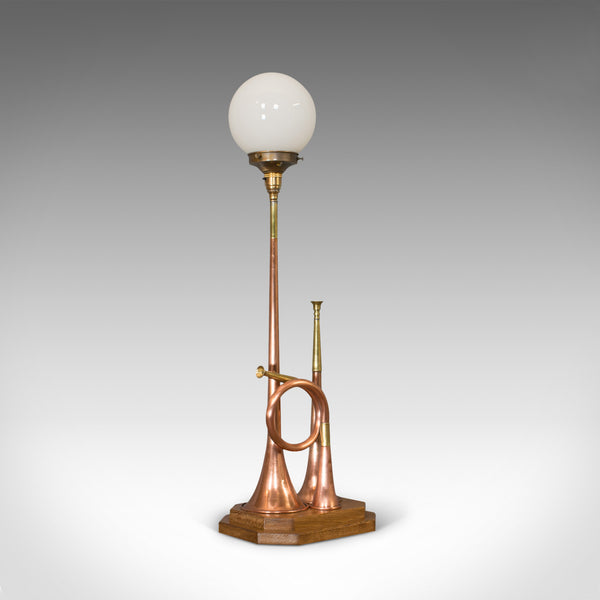 Vintage Hunting Horn Lamp, English, Brass, Oak, Decorative, Light, Shade - London Fine Antiques