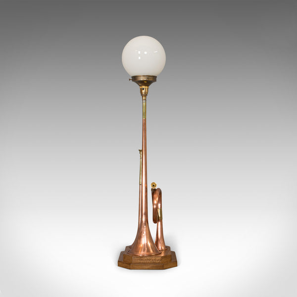 Vintage Hunting Horn Lamp, English, Brass, Oak, Decorative, Light, Shade - London Fine Antiques