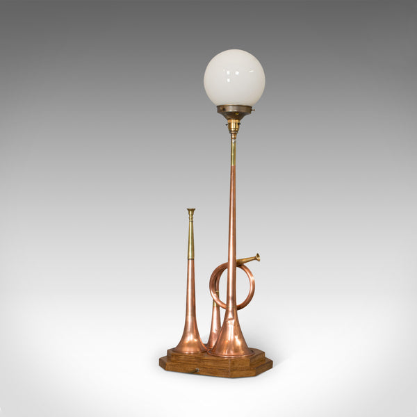 Vintage Hunting Horn Lamp, English, Brass, Oak, Decorative, Light, Shade - London Fine Antiques