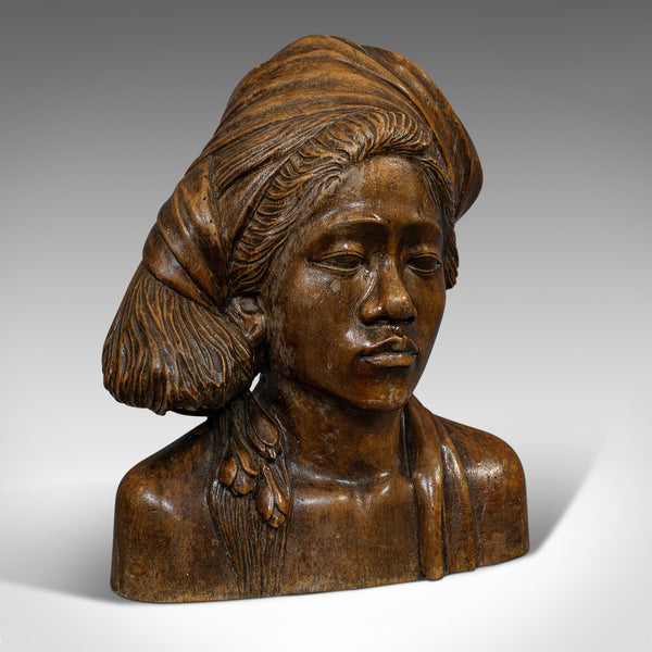 Vintage Hand Carved Bust, Oriental, Chinese Elm, Art Deco, Portrait, Circa 1940 - London Fine Antiques