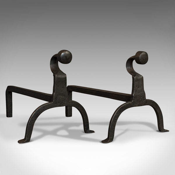Antique, Pair Of, Firedogs, English, Wrought Iron, Victorian, Fireside, Andirons - London Fine Antiques