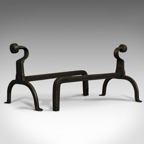 Antique, Pair Of, Firedogs, English, Wrought Iron, Victorian, Fireside, Andirons - London Fine Antiques