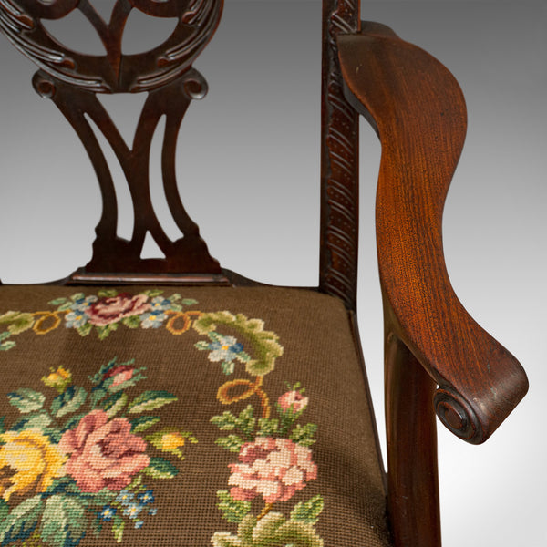 Antique Carver Chair, English, Mahogany, Needlepoint, Elbow, Chippendale Style - London Fine Antiques