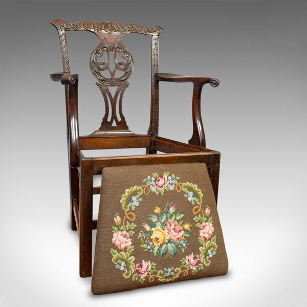 Antique Carver Chair, English, Mahogany, Needlepoint, Elbow, Chippendale Style - London Fine Antiques